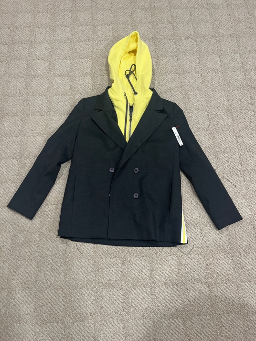 Alice and Olivia Black Double-Breasted Blazer with Yellow Hooded Layer